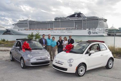 MSC Cruises' executives awarded winners of MSC's FIAT giveaway sweepstakes a brand new FIAT 500c POP - the ultimate holiday gift - on Saturday, Dec. 13 in Miami, Fla. Winners are travel agent David Huff and MSC guest Rockne Green. Seen from Left to Right: Ken Muskat, executive vice president of sales, PR & guest services for MSC Cruises USA; David Huff, travel agent winner from Avenues to Travel, Ltd. accompanied by Saundra Huff; Rockne Green, MSC guest winner accompanied by Wilmet McDonnell…
