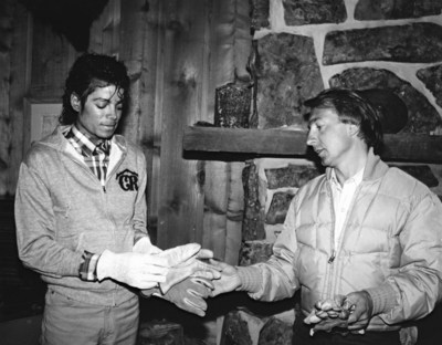 James William Guercio, owner of Caribou Ranch, with Michael Jackson who visited the ranch during The Jacksons Victory Tour in 1984. Similar branded clothing will be available in the auction including a blue hooded parka worn by Jackson while on the ranch.