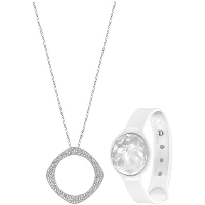 Swarovski Shine Vio Set. Set composed of Swarovski Shine activity tracker in clear crystal, "Vio" pendant with one side in clear crystal pave and the other one in black crystal pave, and a white silicone sport band.