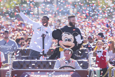 (February 2, 2015) New England Patriots players Julian Edelman (right) and Malcolm Butler were joined by Mickey Mouse as they celebrated their team's Super Bowl XLIX championship victory with a special cavalcade down Main Street, U.S.A. at Disneyland park in Anaheim, Calif., on Monday. In the frenzied moments following their team's feat of capturing the National Football League championship on Sunday, Edelman and Butler stood in front of a TV camera and shouted four words that have become an iconic reaction to milestone achievement: 'We're going to Disneyland!'(Paul Hiffmeyer/Disneyland)