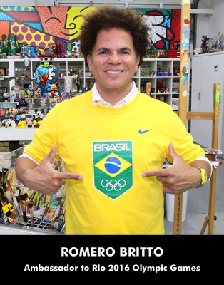 Iconic pop artist, Romero Britto, wears the seal of the Rio Olympics and flag of his native Brazil as Global Ambassador 2016 games.
