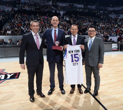 From left to right：NBA China CEO David Shoemaker, NBA Commissioner Adam Silver, Tencent President Martin Lau, Senior Executive Vice President of Tencent and President of its Online Media Group SY Lau