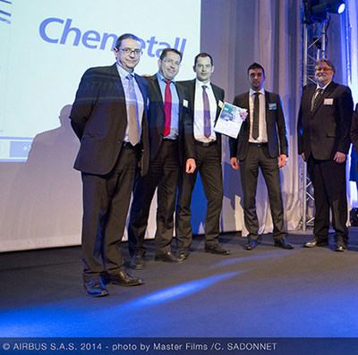The Chemetall representatives are proud to receive the "accredited supplier" award as part of the Airbus SQIP program. Present at the awards ceremony were Ronald Hendriks, Quality Manager EMEA, Airbus SQIP Coordinator; Hendrik Becker, Global Segment Manager Aerospace; Christoph Hantschel, Global Product Manager Aircraft Sealants. (c) Airbus S.A.S, Mit freundlicher Genehmigung von Airbus