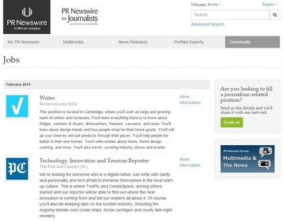 Media professionals can search for job opportunities on PR Newswire for Journalists