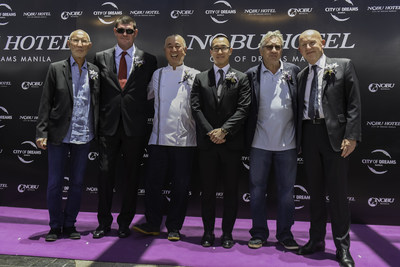 On the 'purple carpet' at the official opening of the first Nobu Hotel in Asia at City of Dreams Manila, are, from left to right, Hollywood Film Producer and Nobu partner, Mr. Meir Teper, Melco Crown Entertainment Co-Chairman Mr. James Packer, Chef Nobu Matsuhisa, Melco Crown Entertainment Co-Chairman and CEO Mr. Lawrence Ho, multi Academy award-winning actor and Nobu partner, Mr. Robert De Niro, and Chief Executive of Nobu Hospitality Mr. Trevor Horwell.
