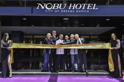 The official Ribbon Cutting Ceremony to formally open the doors of the first Nobu Hotel in Asia at City of Dreams Manila. Wielding the authentic Japanese Tanto sword are Melco Crown Entertainment Co-Chairman and CEO Mr. Lawrence Ho and Co-Chairman Mr. James Packer, Chef Nobu Matsuhisa, multi Academy award-winning actor and Nobu partner, Mr. Robert De Niro, Hollywood Film Producer and Nobu partner, Mr. Meir Teper and Chief Executive of Nobu Hospitality Mr. Trevor Horwell.