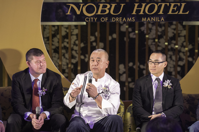 Nobu partner, Chef Nobu Matsuhisa talks to the media, alongside Crown Entertainment Co-Chairman and CEO, Mr. Lawrence Ho and Melco Crown Entertainment Co-Chairman, Mr. James Packer, at the Press Conference for the official Grand Opening of the Nobu Hotel at City of Dreams Manila.