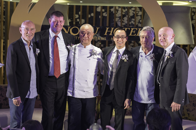On stage at the Press Conference for the official Grand Opening of the Nobu Hotel at City of Dreams Manila, are, from left to right: Hollywood Film Producer and Nobu partner, Mr. Meir Teper, Melco Crown Entertainment Co-Chairman, Mr. James Packer, Chef Nobu Matsuhisa himself, Melco Crown Entertainment Co-Chairman and CEO Mr. Lawrence Ho, multi Academy award-winning actor and Nobu partner, Mr. Robert De Niro and Chief Executive of Nobu Hospitality Mr. Trevor Horwell.