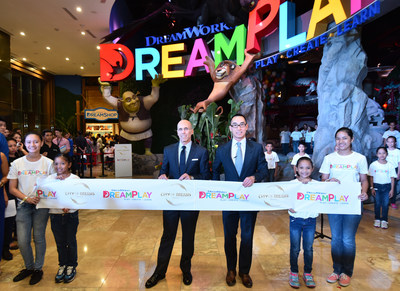 Melco Crown Entertainment Co-Chairman & CEO, Mr. Lawrence Ho and DreamWorks Animation Chief Executive Officer Mr. Jeffrey Katzenberg at the official opening of 'DreamPlay by DreamWorks', a 5,000 sq. meter play and creativity center at City of Dreams Manila.
