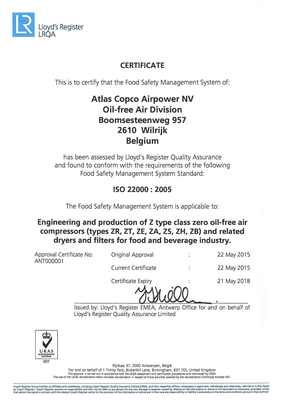 Atlas Copco Awarded ISO 22000 - Food Safety System Certification - for its Production Facility in Antwerp, Belgium