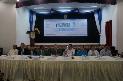 (from left) U. Khin Maung Htaey, MES; Dr. Katsuyuki Kadota, Oji Holdings Corporation; Mr. Michael Rico, Manila Water; Mr. M. Gandhi, UBM Asia; H. E. Daniel Zonshine, Embassy of Israel; U. Win Khaing, MES; Daw Si Than, MES; Col. Thoung Win, MES; U. Aung Soe Oo, Supreme Water