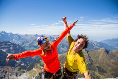 adidas Outdoor athletes Sasha DiGiulian and Carlo Traversi atop Magic Mushroom route on the North Face of the Eiger