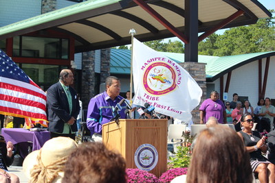 Mashpee Wampanoag Tribal Chairman Cedric Cromwell addresses the Tribal citizens at a news conference announcing details of historic Bureau of Indian Affairs land-into-trust decision