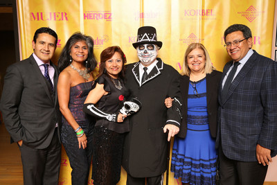 Members of The National Museum of Mexican Art's Board of Directors (from l to r) Carlos R. Cardenas, NMMA Board of Trustees Chair and Managing Director of Wintrust Financial Corporation; Diana Palomar, Vice President of Community Affairs at ABC 7 Chicago; Julie Chavez, Senior Vice President and Market Manager for Bank of America; Carlos Tortolero, President and CEO of NMMA; Rosa Elena; and Jose Luis Prado celebrate at the museum's "Love Never Dies" Day of the Dead ball.