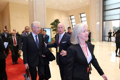 Italy's Former Prime Minister Mario Monti welcomed by Brice Pean, GM of Sunrise Kempinski Hotel, Beijing & Yanqi Island