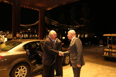 Former President of Chile Ricardo Lagos welcomed by Brice Pean, GM of Sunrise Kempinski Hotel, Beijing & Yanqi Island