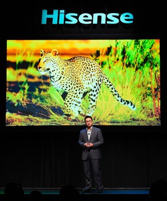 Jerry Liu, CEO, Hisense Americas, unveils the latest innovations in display technology during the Hisense 2016 CES Press Conference at the 2016 International CES inside the Mandalay Bay Convention Center on Tuesday, January 5, 2016, in Las Vegas. (Photo by Jeff Bottari/AP Images for Hisense)