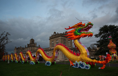 In the light of day, the sheer scale of the Chinese dragon can be seen with Longleat in the background