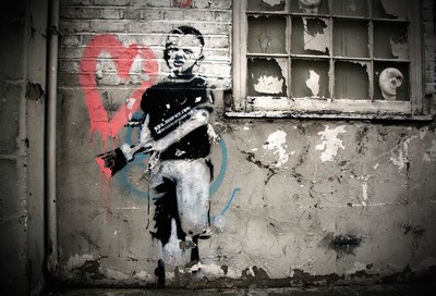 Street piece Banksy geplaatst in Amsterdam