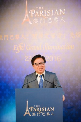 Dr. Wilfred Wong, President of Sands China Ltd. officiates at The Parisian Macao’s exclusive Eiffel Tower illumination event held June 23. The Parisian Macao is set to open in mid-September, 2016.