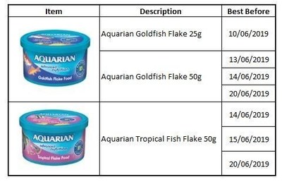 Aquarian Takes the Precautionary Step of Recalling Aquarian® Tropical Flake Food and Aquarian® Goldfish Flake Food Products in the UK Due to the Possible Presence of Salmonella.
