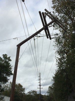A broken distribution pole following Hurricane Matthew. Georgia Power estimates more than 500 distribution poles in Coastal Georgia were broken or damaged.