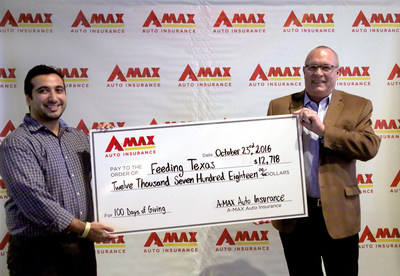 Amyn Rajan, VP of Strategy, Innovation and Corporate Development, donates $12,718 to Feeding Texas representative, Bo Soderbergh. 12,718 non-perishable food items were donated by A-MAX stores and their communities, and matched by A-MAX $1 per item ($12,718) for 100 Days of Giving in celebration of the 100th store opening.