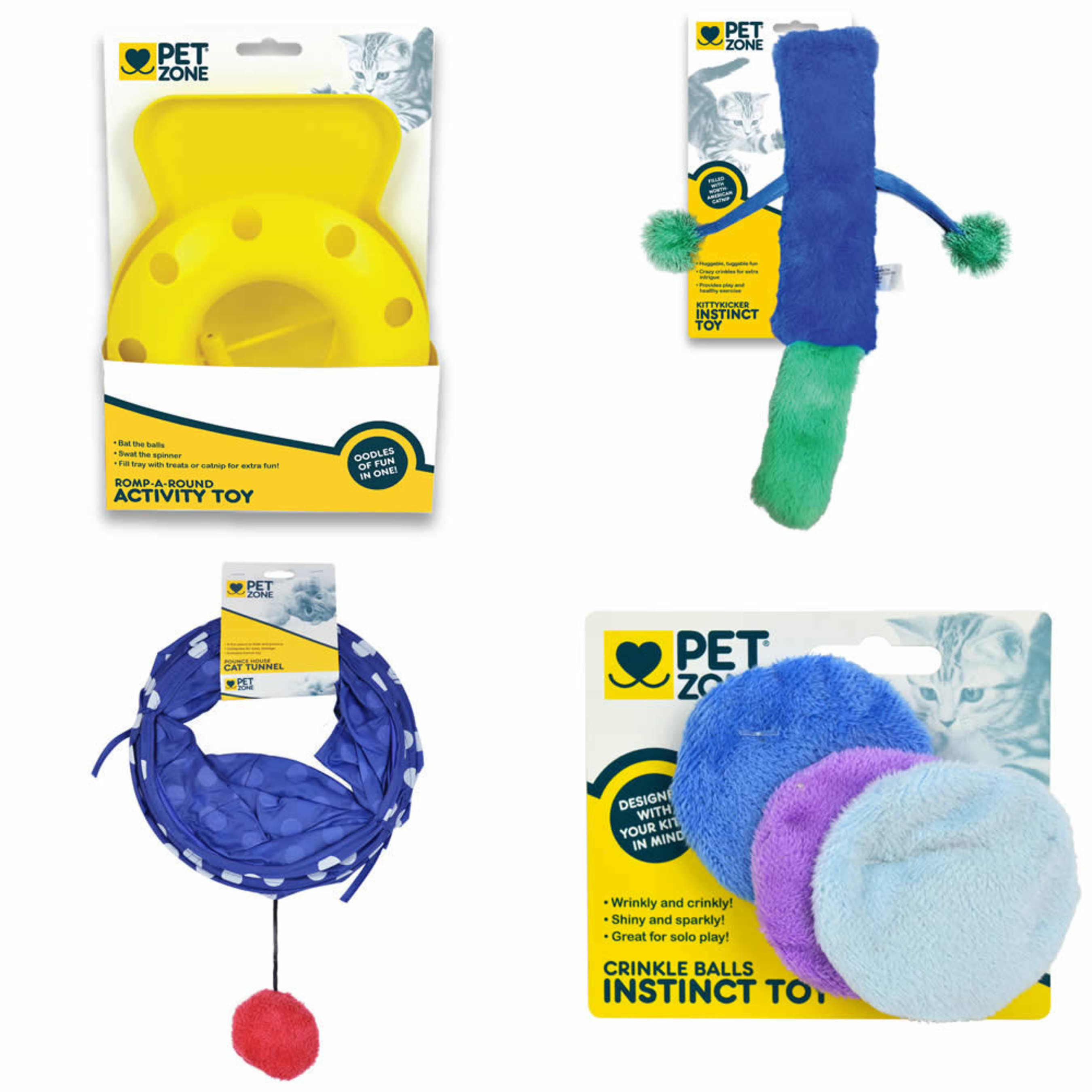Pet Zone is adding four new products to its line of cat toys. The new toys include the Pet Zone Romp-A-Round Floor Toy, Pet Zone KittyKicker, Pet Zone Pounce House Cat Tunnel, and Pet Zone Catnip Crinkle Disks.