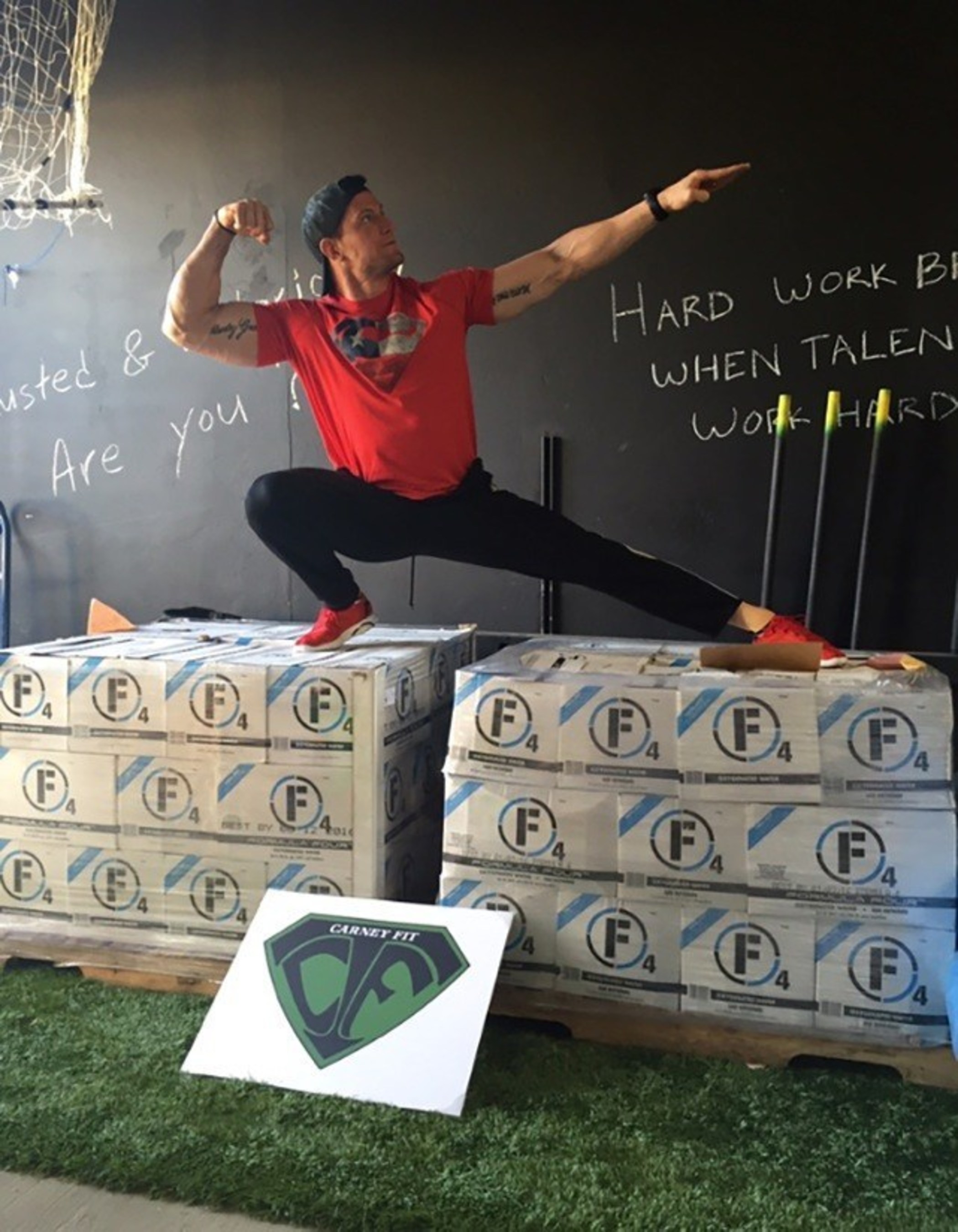 The NFL's "Fittest Player," New York Giants punter Steve Weatherford, poses with his stock of Formula Four Oxygenated Water. Weatherford has joined the Formula Four team as a brand ambassador, helping to raise awareness about the benefits of Formula Four's stabilized oxygen content, which was recently scientifically proven to increase lactate clearance, speeding up the body's ability to recover. Formula Four is available at grocery stores across North America and is launching on Amazon.com in February.