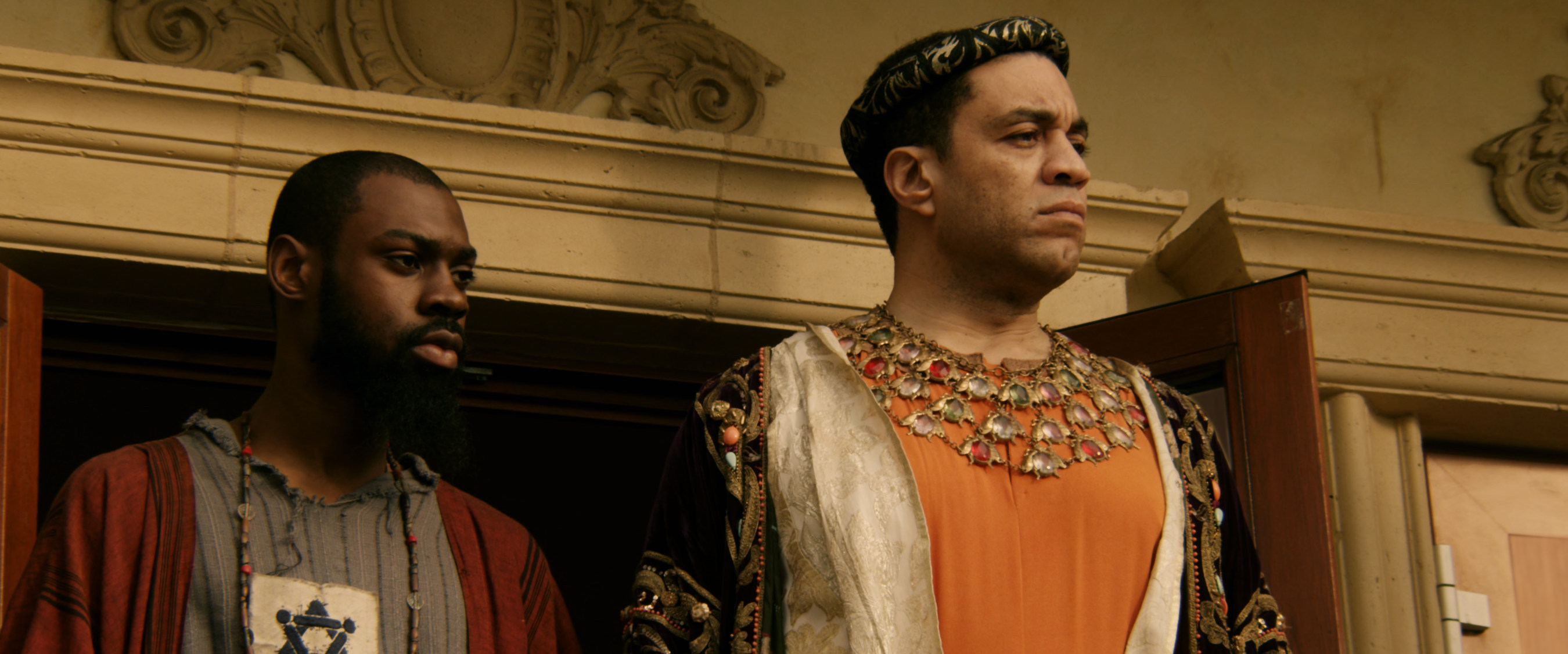 Mali Music (left) as Jesus and Harry Lennix (right) as Pontius Pilate in the upcoming feature film musical Revival! The Experience.