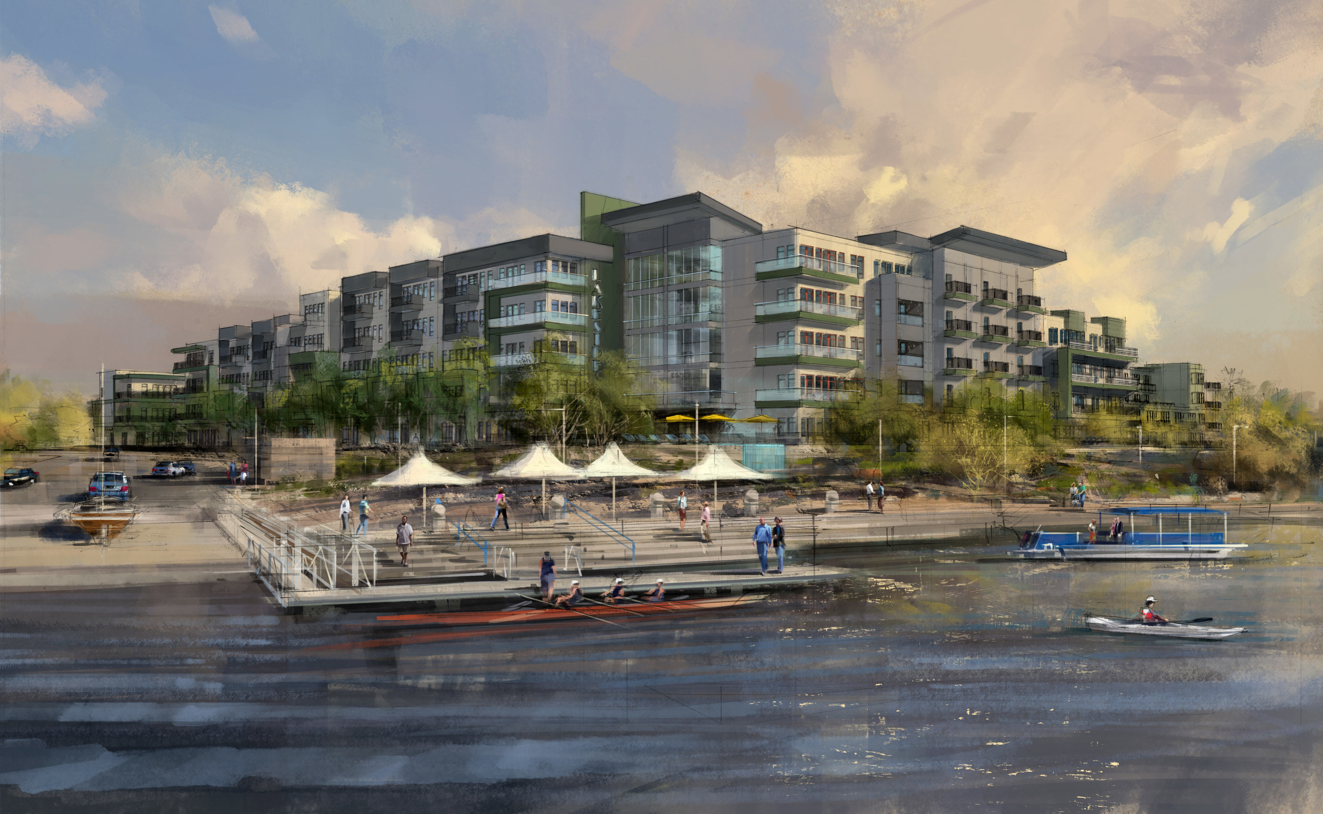 Transwestern Development Co. broke ground on VELA at Town Lake, a luxury multifamily community in Tempe, Arizona. The 290-unit project is scheduled for delivery in September 2016. The lake-front property will attract young professionals seeking an amenity-rich lifestyle near major employment and retail hubs. The project is adjacent to the Tempe Town Lake marina and directly across from the new regional headquarters of State Farm and Sun Devil Stadium, the football stadium for Arizona State University...