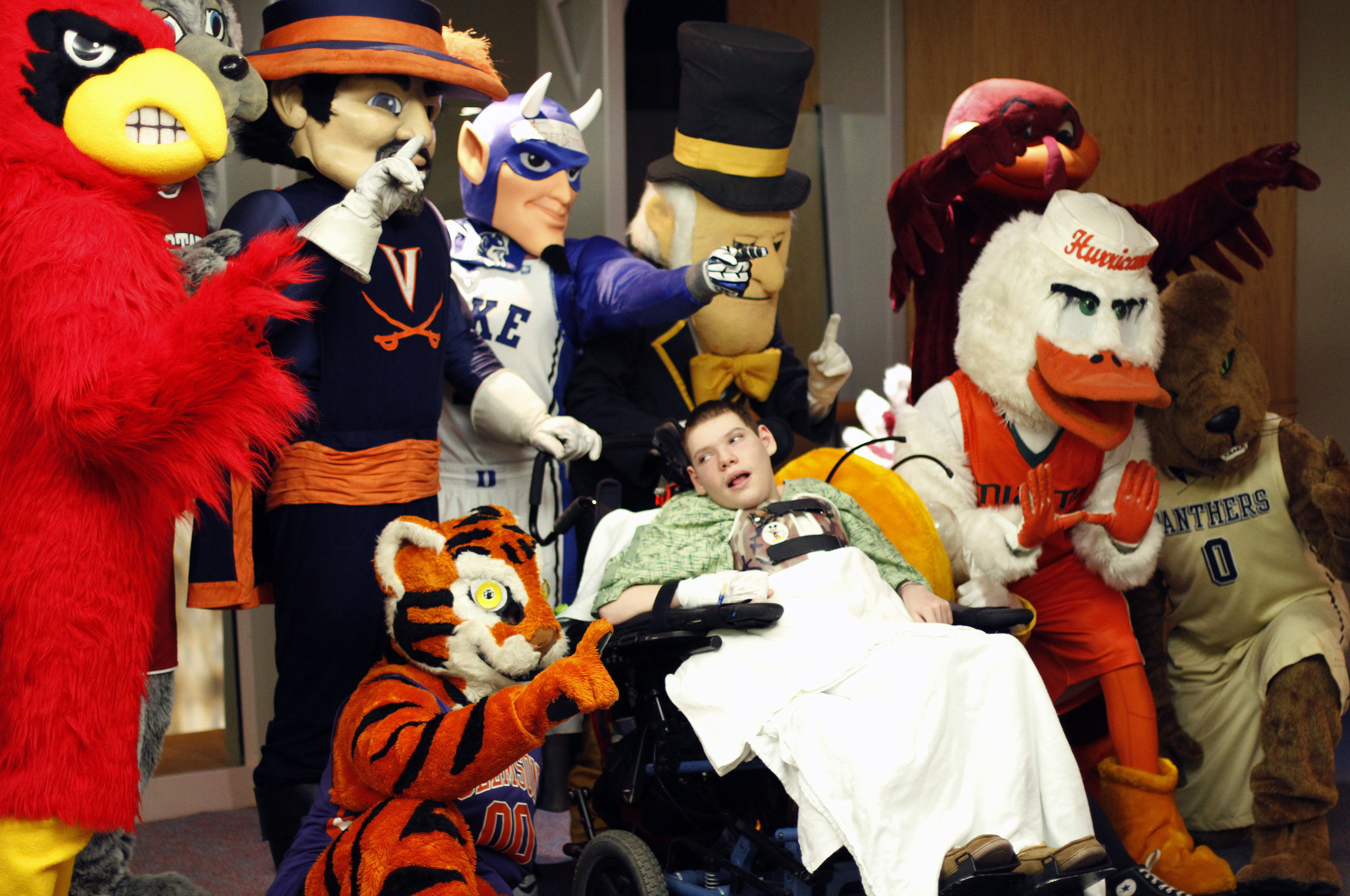A huge basketball fan, sixteen-year-old Ryan Shelton had a great time meeting all of the ACC mascots. The mascots visited Brenner Children's Hospital as part of an outreach initiative for the 2015 ACC Men's Basketball Tournament.