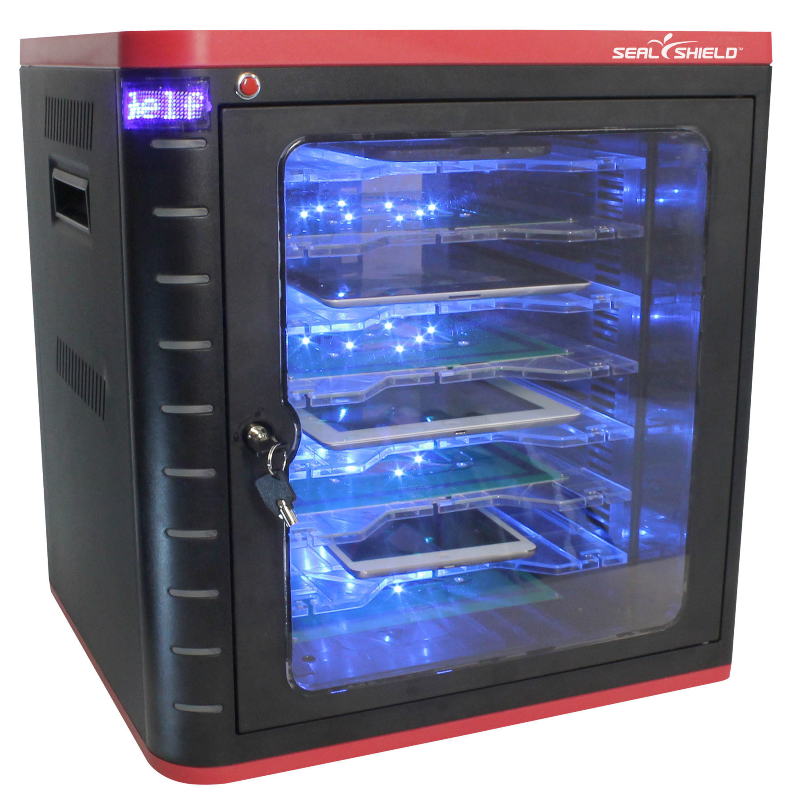 The Seal Shield ElectroClave(TM), is the world's first mobile device sanitizer to use new, high efficacy UVC LED technology which has the advantages of low power and low heat. These features, combined with Seal Shield's proprietary smart charging technology allow electronic devices to be charged and synced while they sanitize.