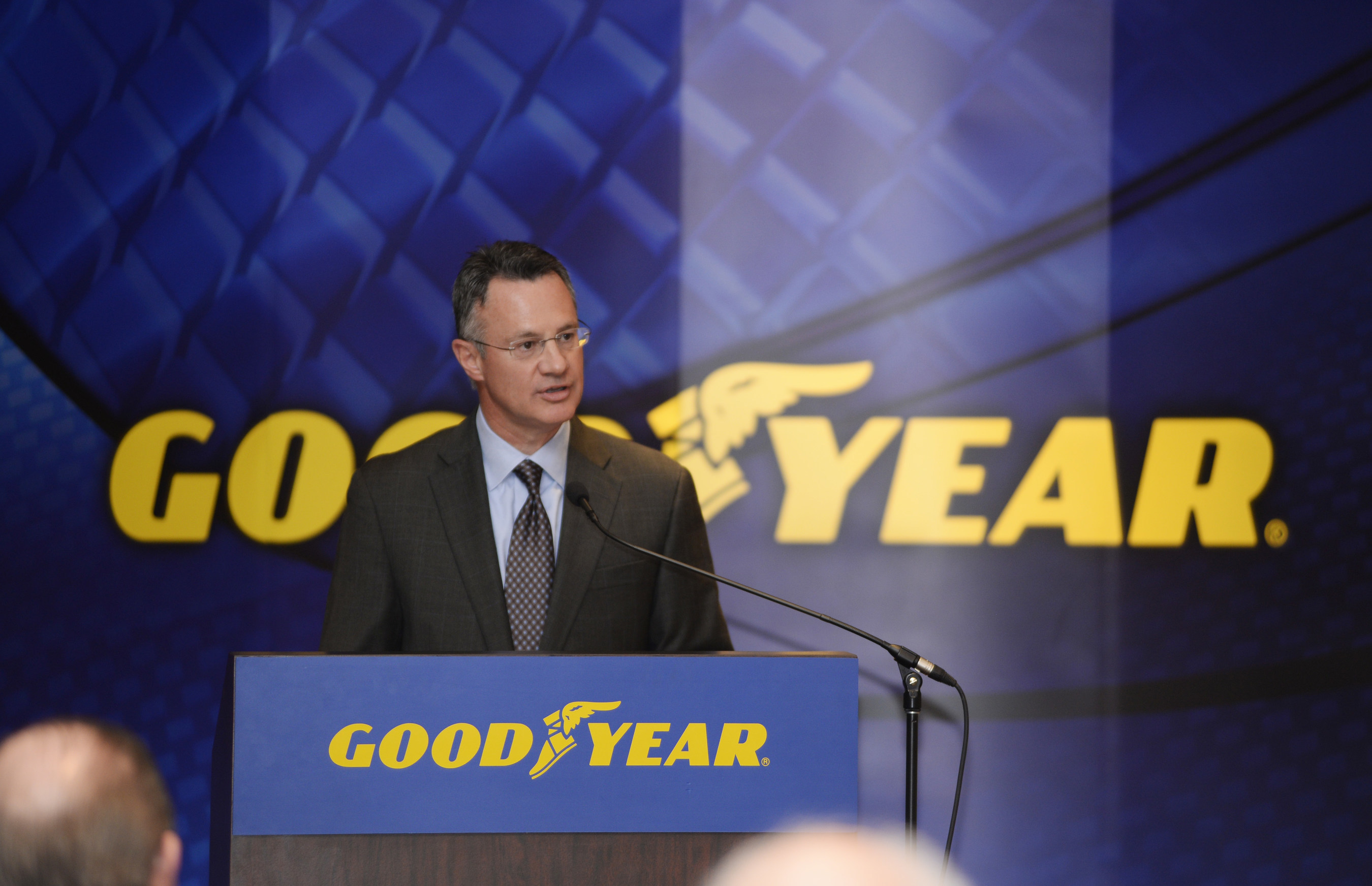 Richard J. Kramer, chairman and chief executive officer of The Goodyear Tire & Rubber Company, speaks at the Annual Shareholders' Meeting on April 13, 2015.  Kramer told shareholders that the record-setting earnings achieved in 2014 were a big step on Goodyear's path to long-term growth.