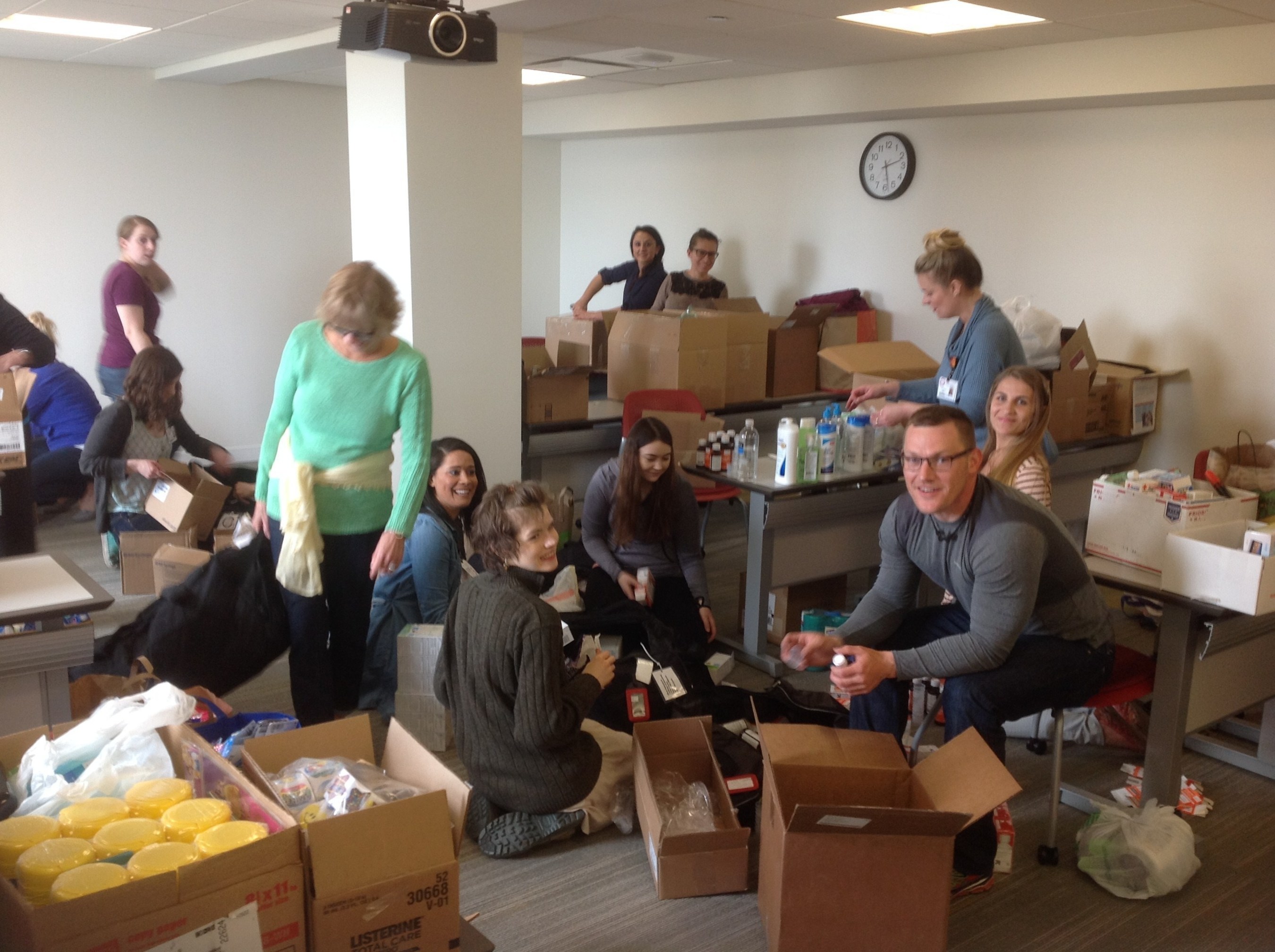 Resurrection University Nursing Students packing donations for Service Learning Trip to Honduras.
