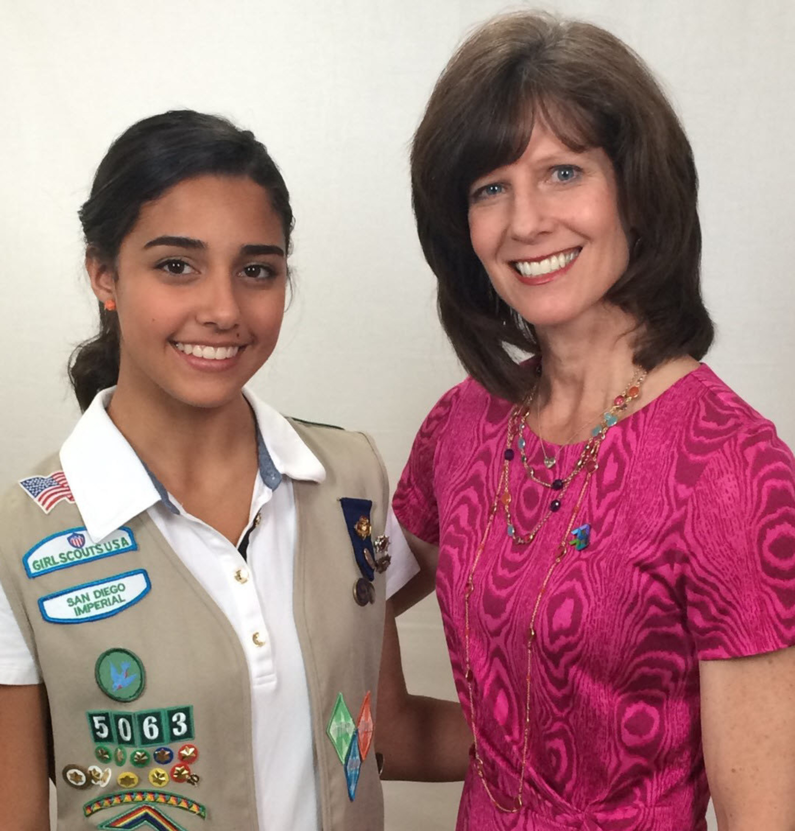 AMN Healthcare CEO Susan Salka, named one of Girl Scouts San Diego's Cool Women 2015, with Troop 5063 member Cristina De Almeida Amaral