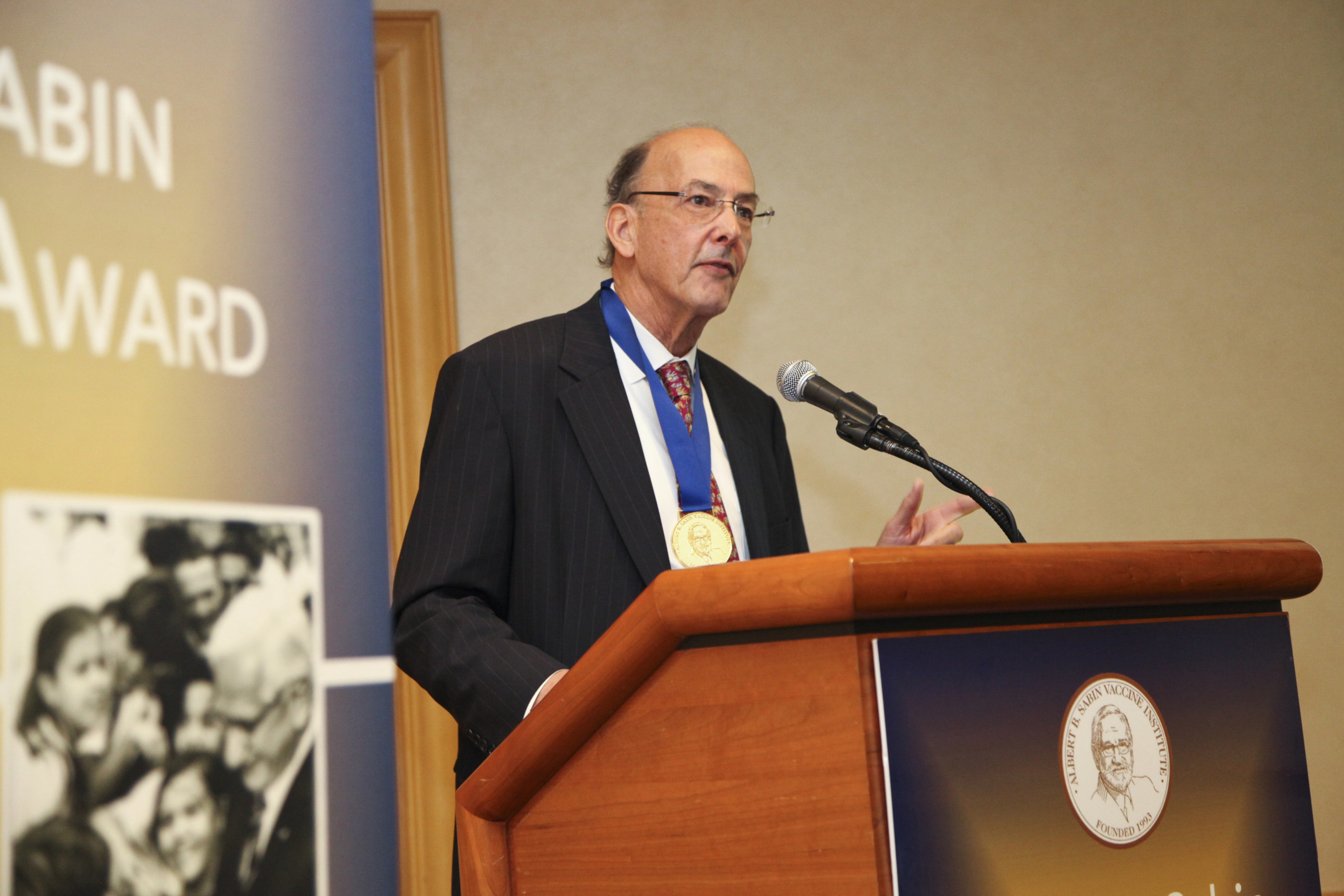 Roger I. Glass, MD, PhD, receives the 2015 Albert B. Sabin Gold Medal Award for his many contributions to improving children's health worldwide, including novel scientific research for the prevention of gastroenteritis from rotaviruses and noroviruses. Photo: Mignonette Dooley Johnson, on behalf of the Sabin Vaccine Institute