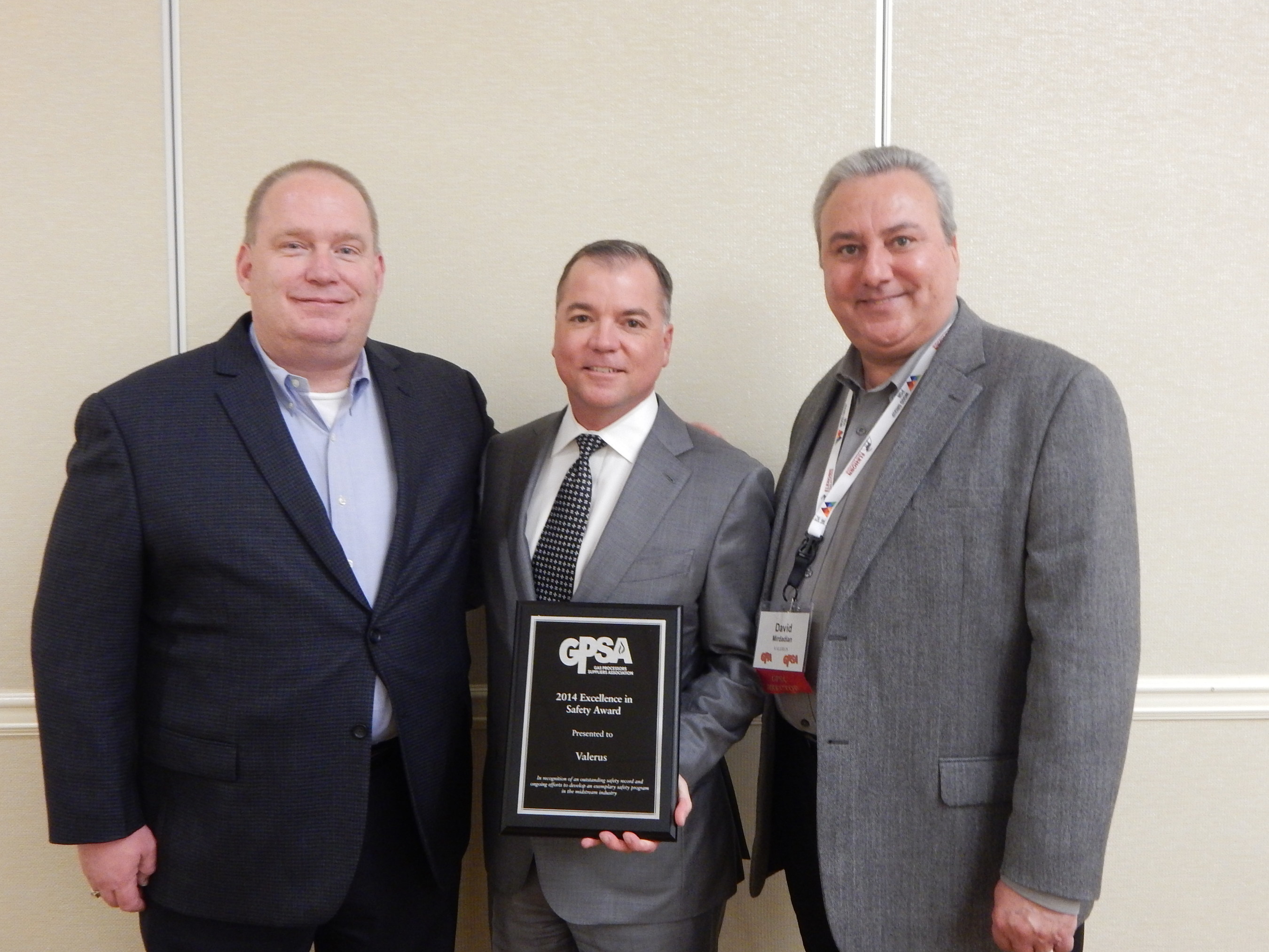 Valerus has been awarded a Gas Processors Suppliers Association Company Safety Award. Pictured from Valerus: Roger Lemke, Director of Health and Safety; Jim Gill, Chief Operating Officer; and David Mirdadian, Director of Business Development Processing and Treating.