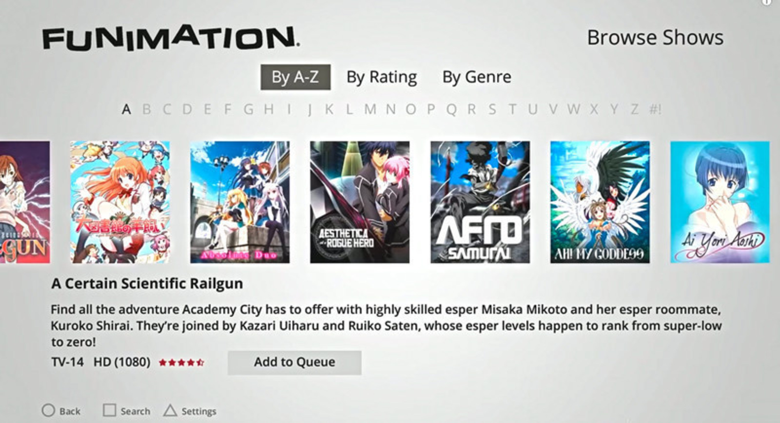 FUNimation PS4 App Screen Capture: Search Screen.