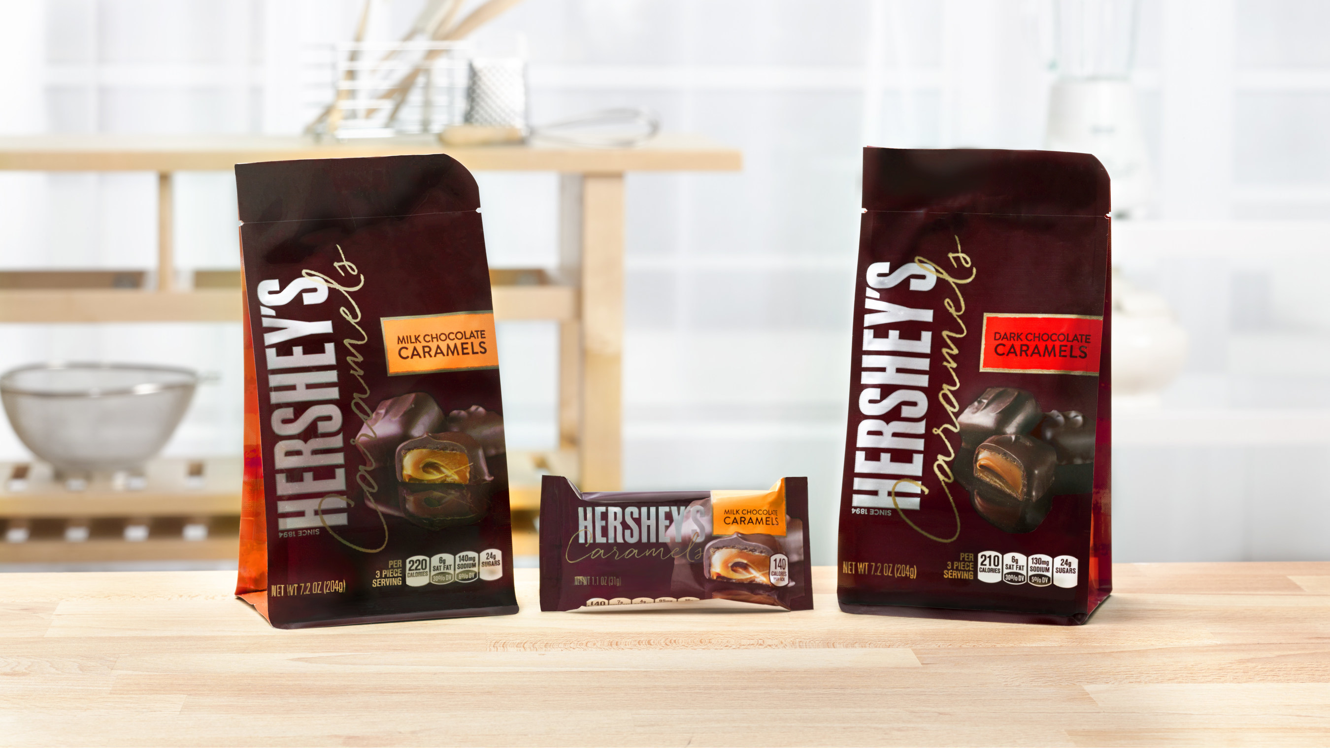 Individually wrapped in milk chocolate or dark chocolate varieties, HERSHEY'S Caramels are now available in a 7.2 ounce stand up pouch at mass, grocery, drug and specialty retailers nationwide. HERSHEY'S Caramels in milk chocolate are also available in a 1.1 ounce bar.