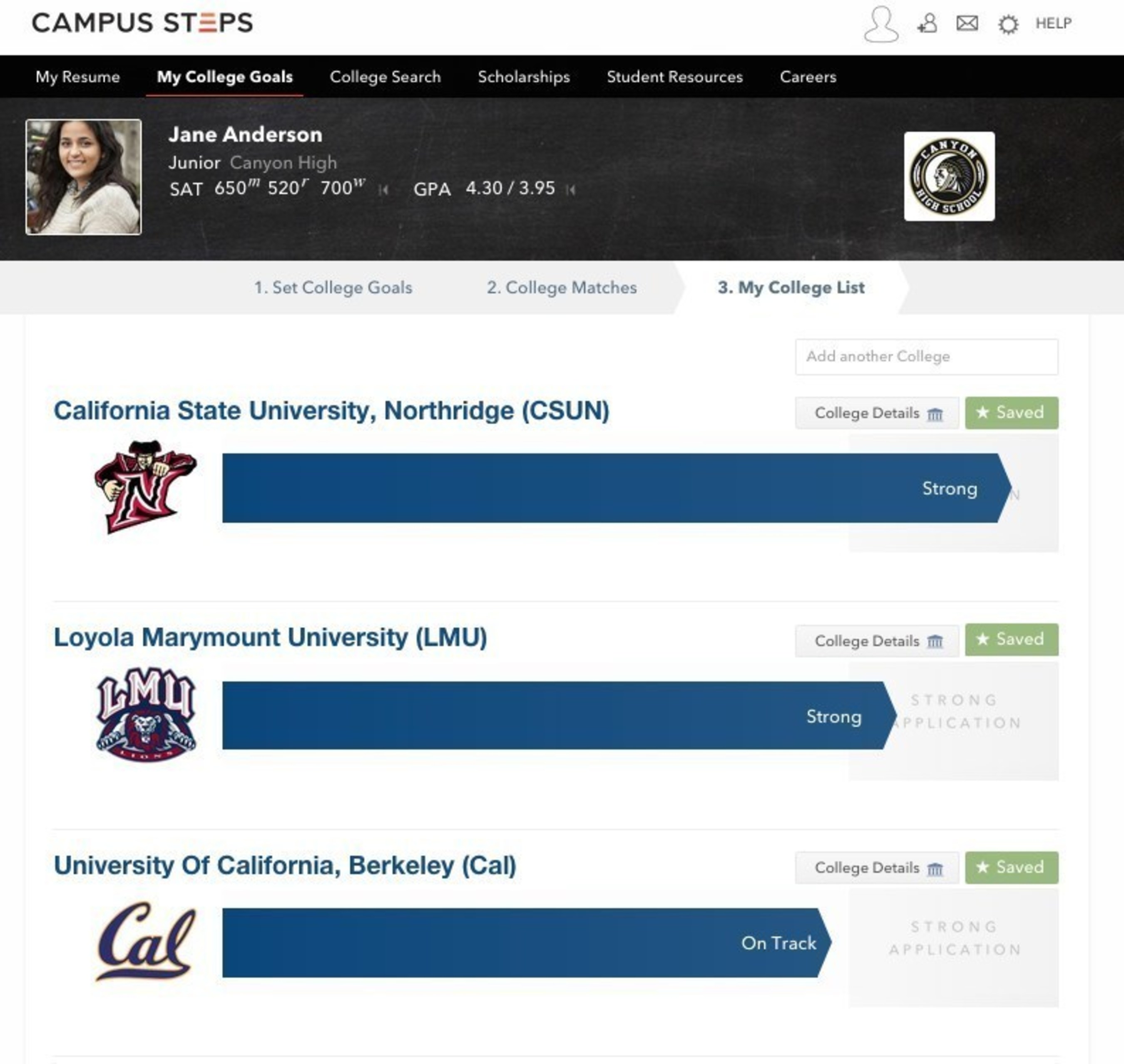 Campus Steps allows students to manage their college futures including searching for the right college for them.