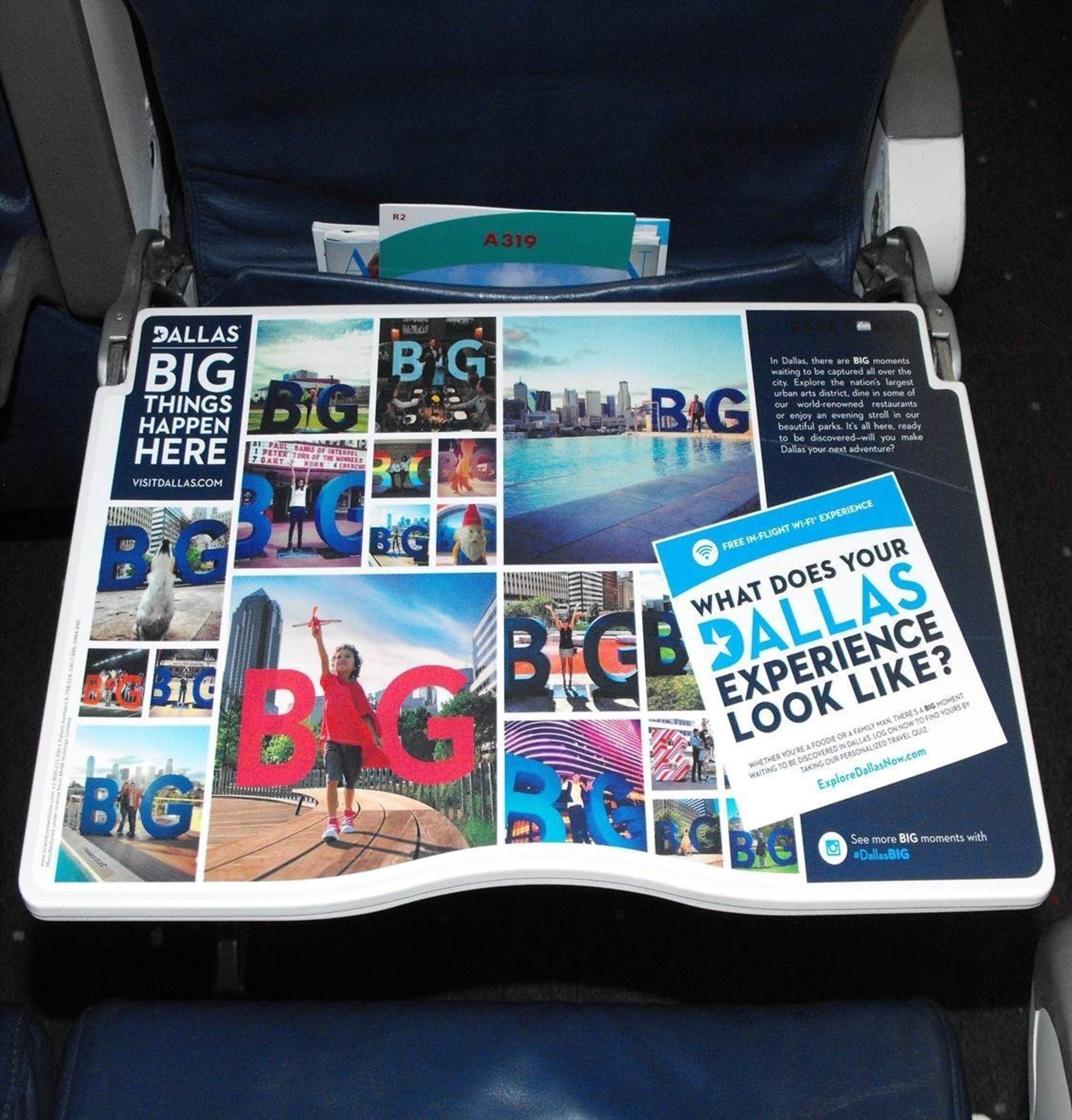 Dallas branded airline tray tables promote the city's "Big Things Happen Here" campaign, driving passengers to explore Dallas mid-air via a whimsical and interactive online game.