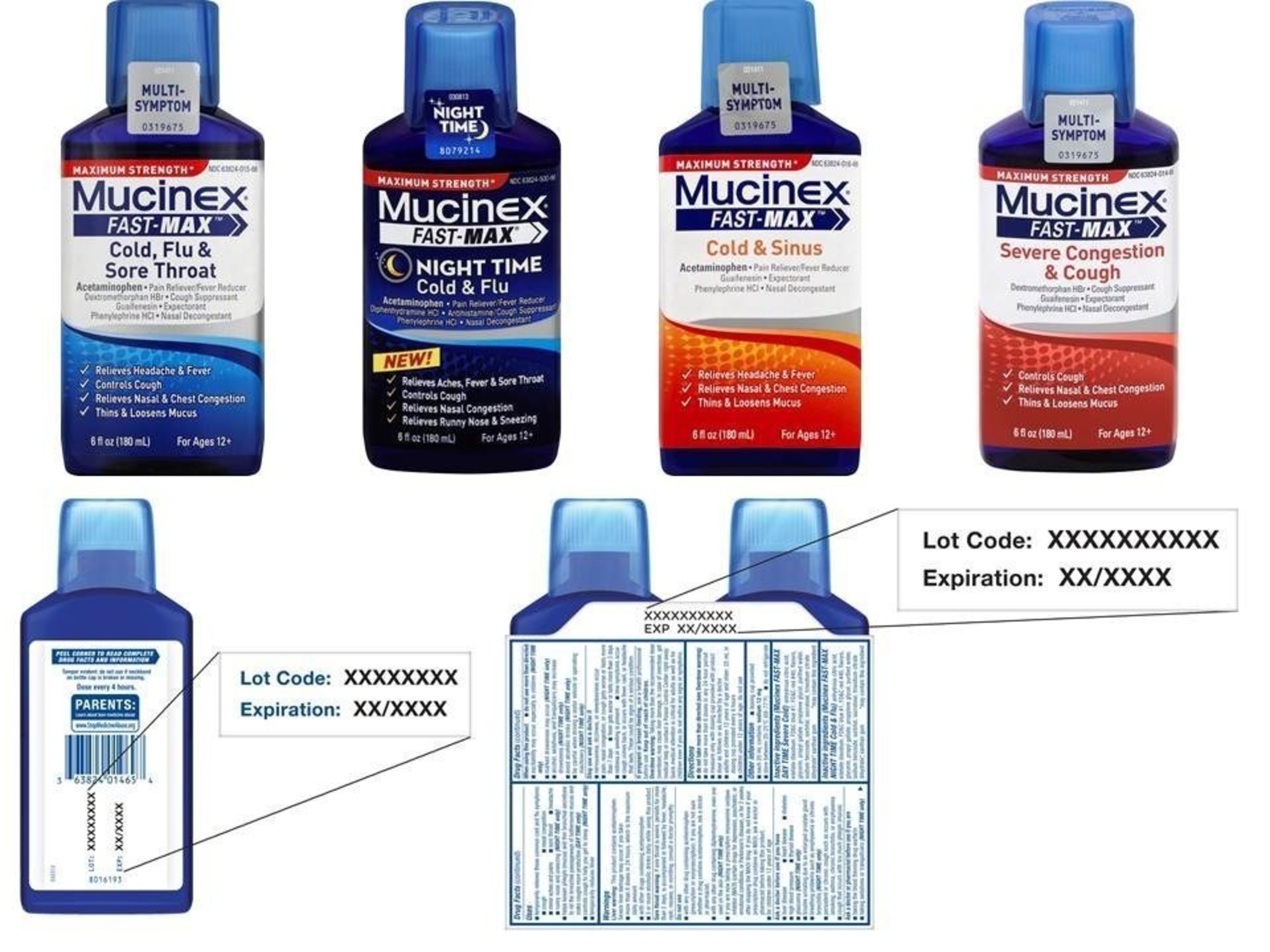 RB (formerly Reckitt Benckiser) has recalled certain lots of liquid bottles of MUCINEX(R) FAST-MAX(R) Night Time Cold & Flu; MUCINEX(R) FAST-MAX(R) Cold & Sinus; MUCINEX(R) FAST-MAX(R) Severe Congestion & Cough and MUCINEX(R) FAST-MAX(R) Cold, Flu & Sore Throat because the over-the-counter medications, which correctly label the product on the front of the bottle and lists all active ingredients, may not have the correct corresponding drug facts label on the back.