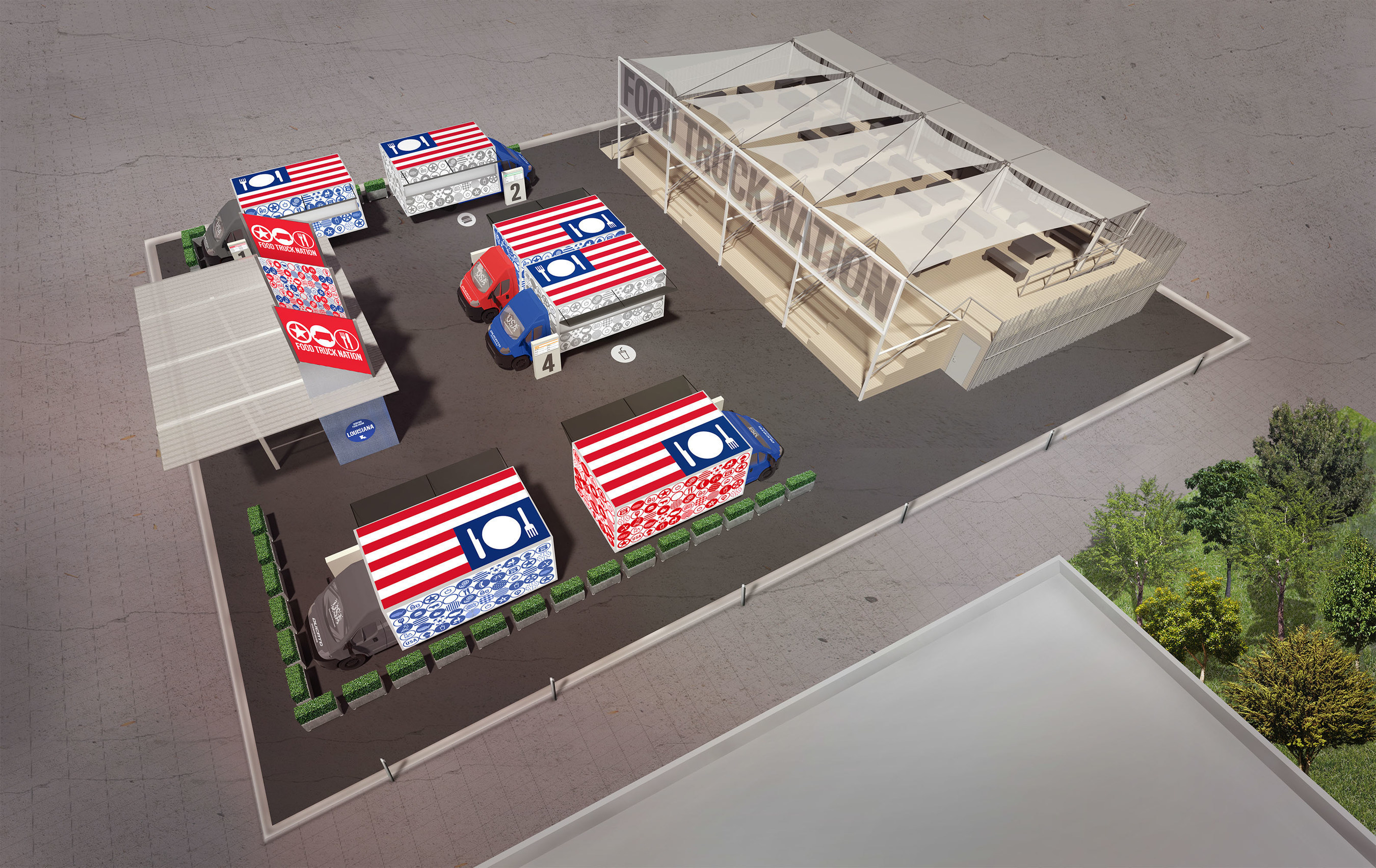 Aerial rendering of the Food Truck Nation exhibit as part of the USA Pavilion at Expo Milano 2015.