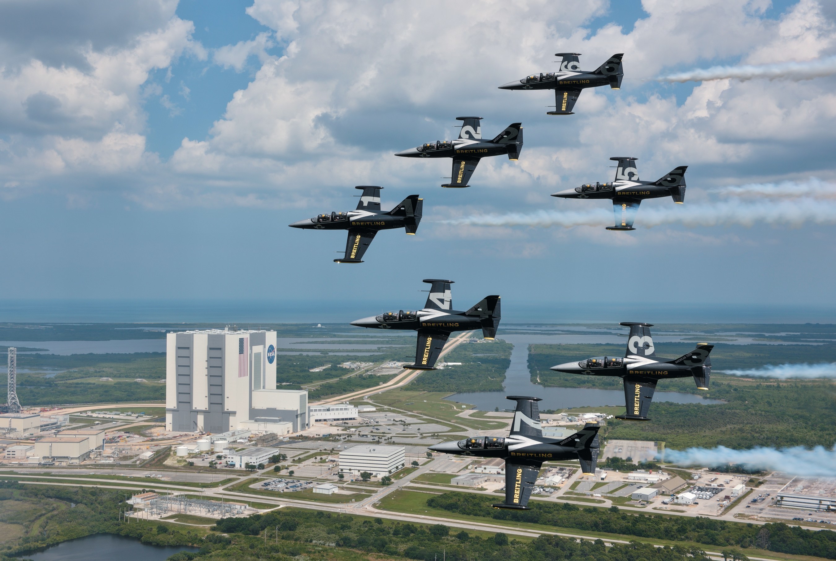 The Breitling Jet Team from Dijon, France, flew past the Kennedy Space Center to mark the start of their first American Tour. The team took off from Linder airport in Lakeland, Florida and landed in Titusville, Florida so they could visit the iconic space shuttle launch site. The team is also performing at the Sun 'n Fun Fly-In & International Expo on Friday, April 24th and Saturday, April 25th representing the independent Swiss watch company Breitling. Photo Courtesy of Breitling/Katushiko Tokunaga