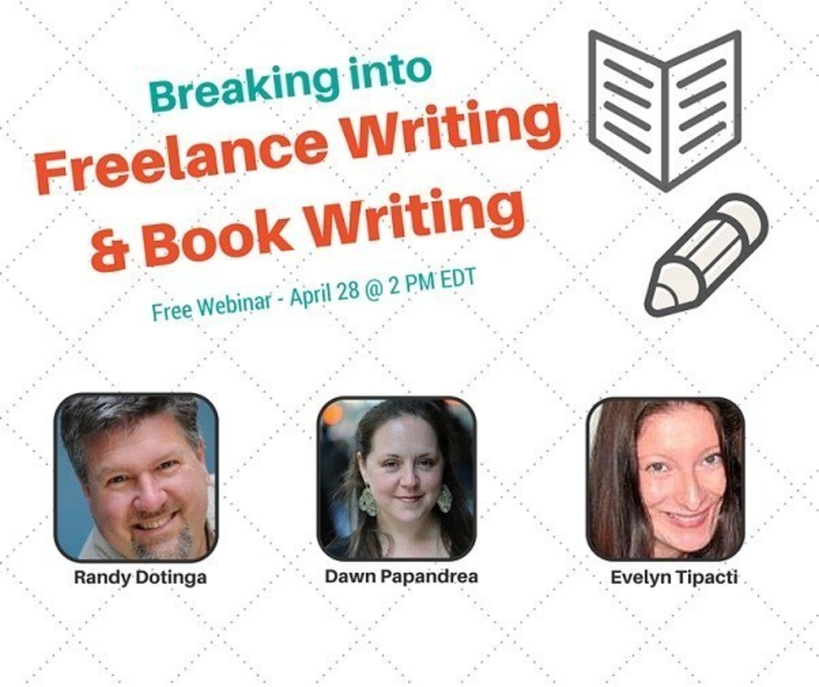 ProfNet is hosting a free webinar Tuesday, April 28, from 2 to 3 p.m. EDT, on how to break into freelancing and book writing. Registration: https://cc.readytalk.com/r/cntqpjtbbc1c&eom