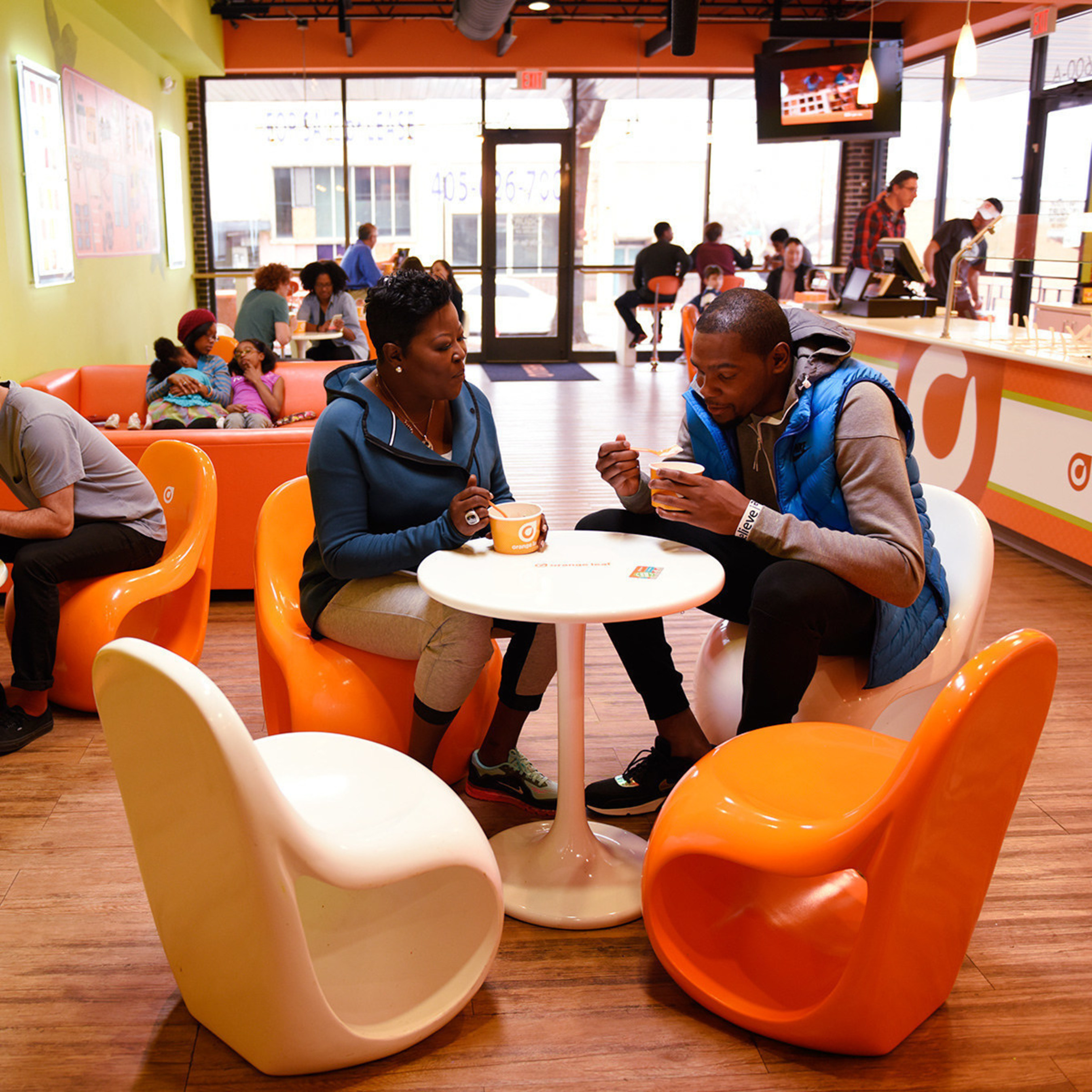 Kevin Durant and his mom, Wanda Pratt, join Orange Leaf Frozen Yogurt to honor moms this Mother's Day with a free 8 ounce cup of  frozen yogurt. Families can bring their mothers in to any of Orange Leaf's more than 300 participating stores on May 10th for the offer. No coupon is necessary.