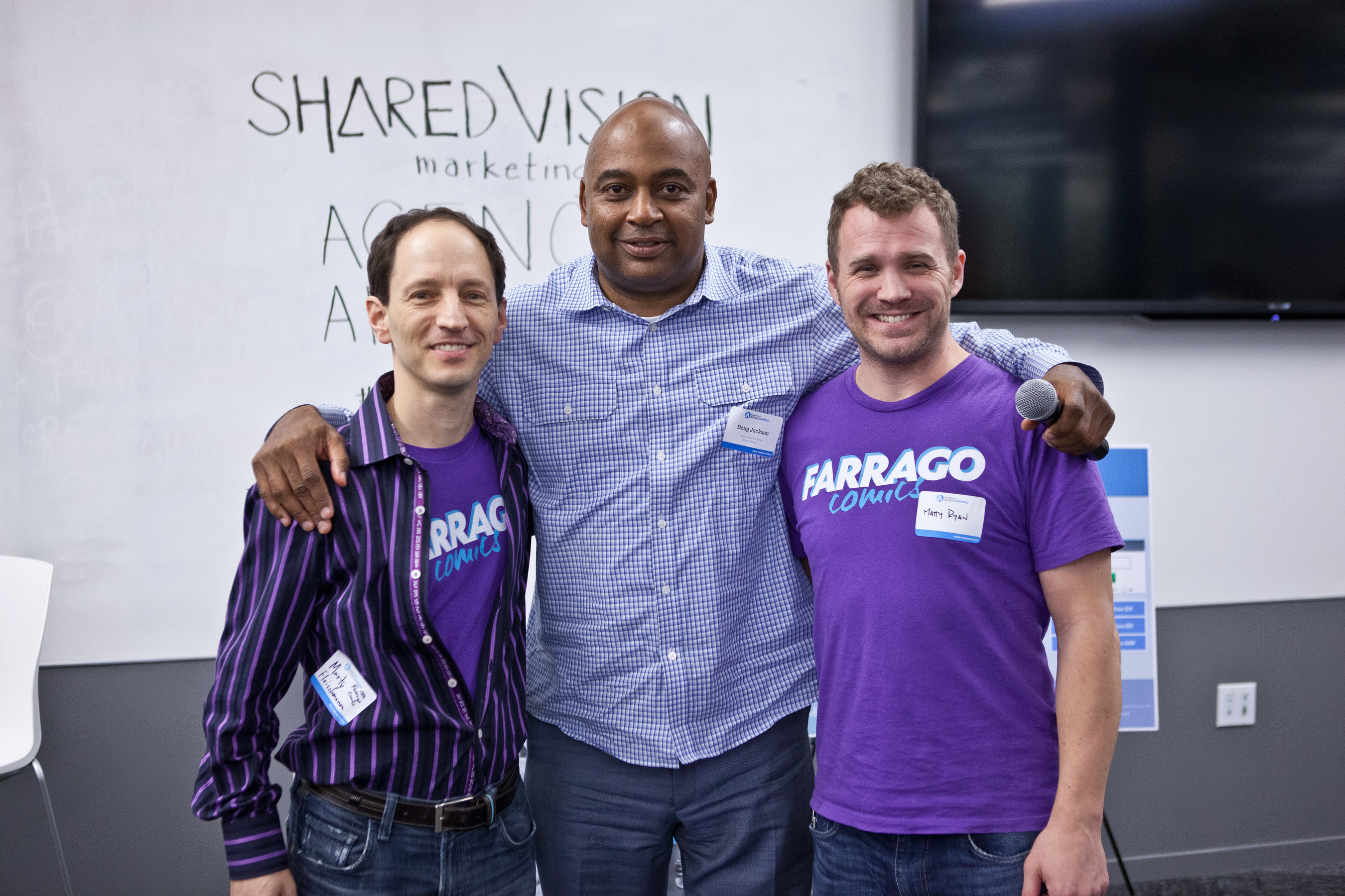 Startup Farrago Comics Wins Shared Vision Marketing's Agency Appeal Pitch Event.  Farrago pictured with Shared Vision Co-founder Douglas Jackson.