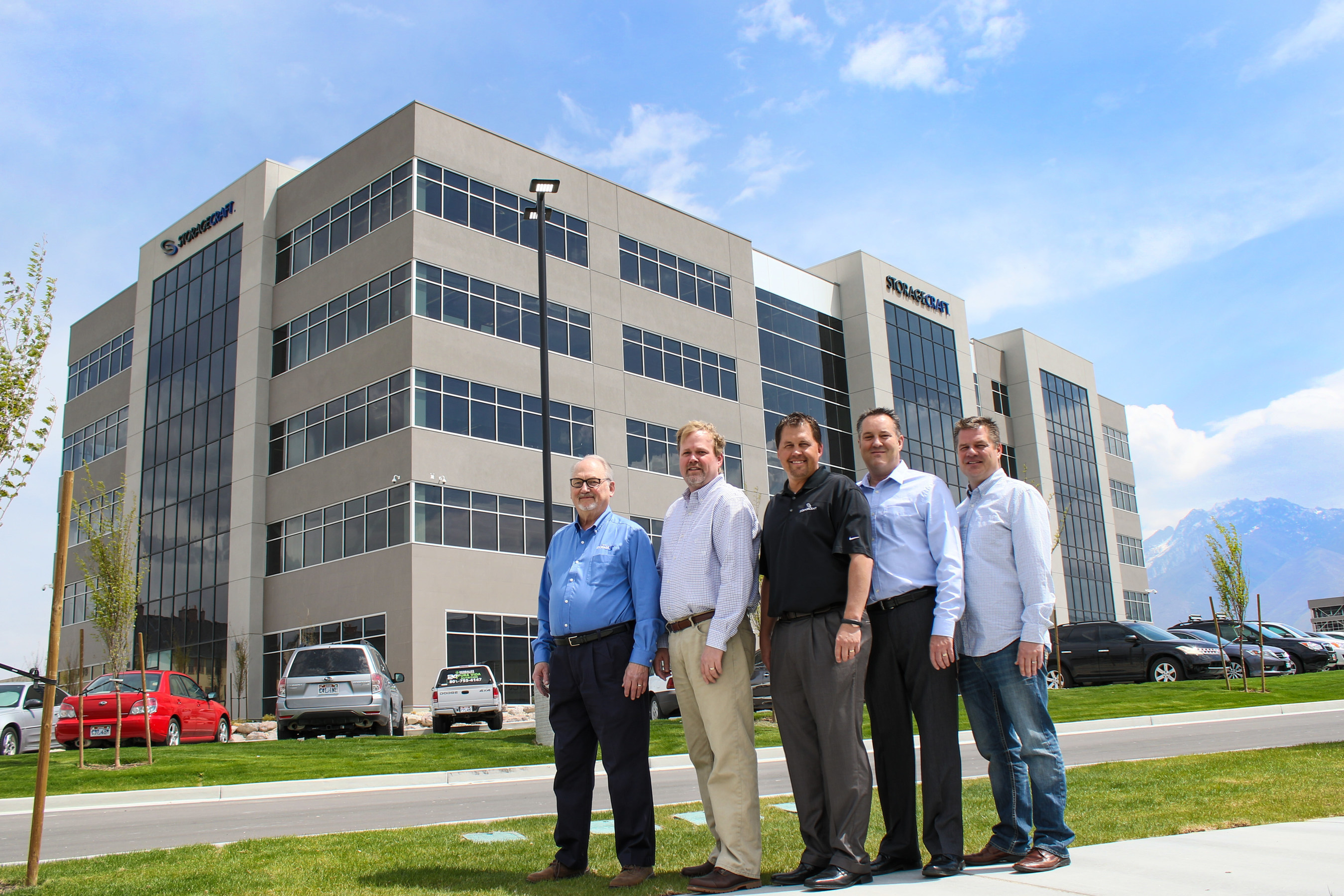 StorageCraft Technology Corp. officially opened today its new corporate headquarters facility in Draper, Utah. Since its founding in 2003, StorageCraft has become a global leader in backup and disaster recovery of IT systems. Pictured from left to right are StorageCraft's five founders: CEO Jeff Shreeve, COO Russ Shreeve, Vice President of Product Management Brandon Nordquist, Vice President of Marketing and Business Development Curt James and Chief Technology Officer Scott Barnes.