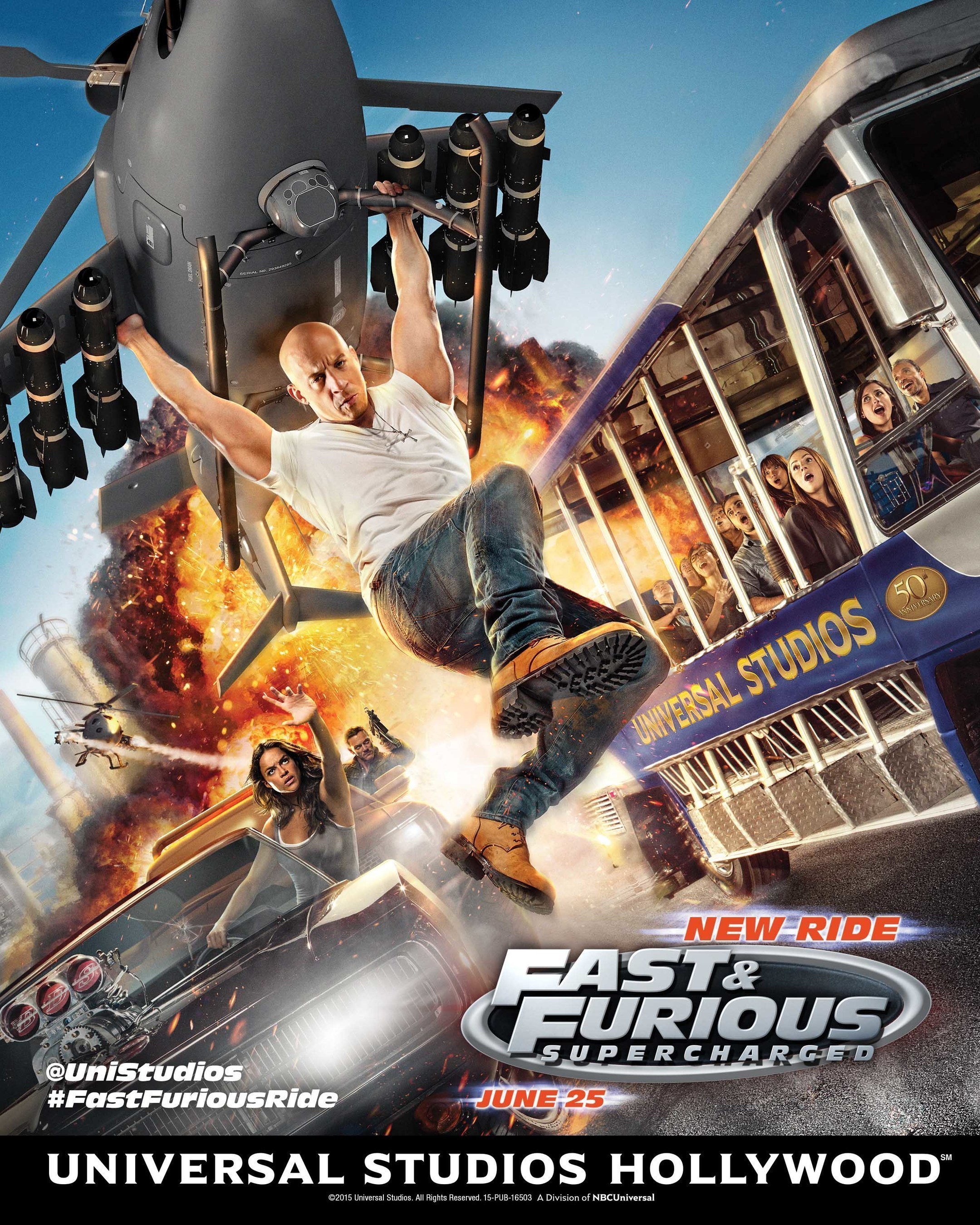 Universal Studios Hollywood shifts into high gear for the June 25 opening of "Fast & Furious-Supercharged" with the debut of an original poster image featuring the characters racing alongside a Studio Tour tram.